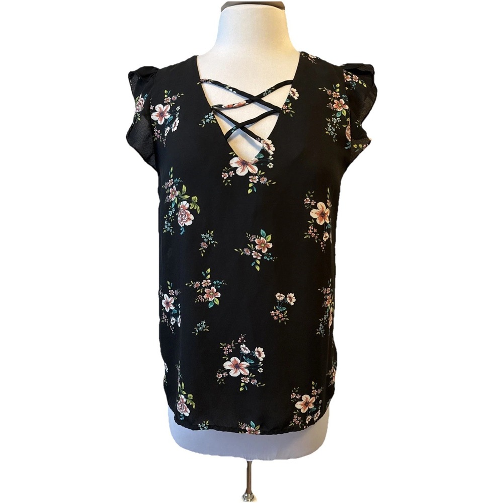 Crescent & Willough Floral Lace Up Flutter Sleeve Blouse Women's‎ L Whimsigoth